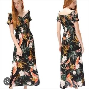 Patrons Of Peace Tropical Floral Off-Shoulder Maxi Dress in Black and Coral